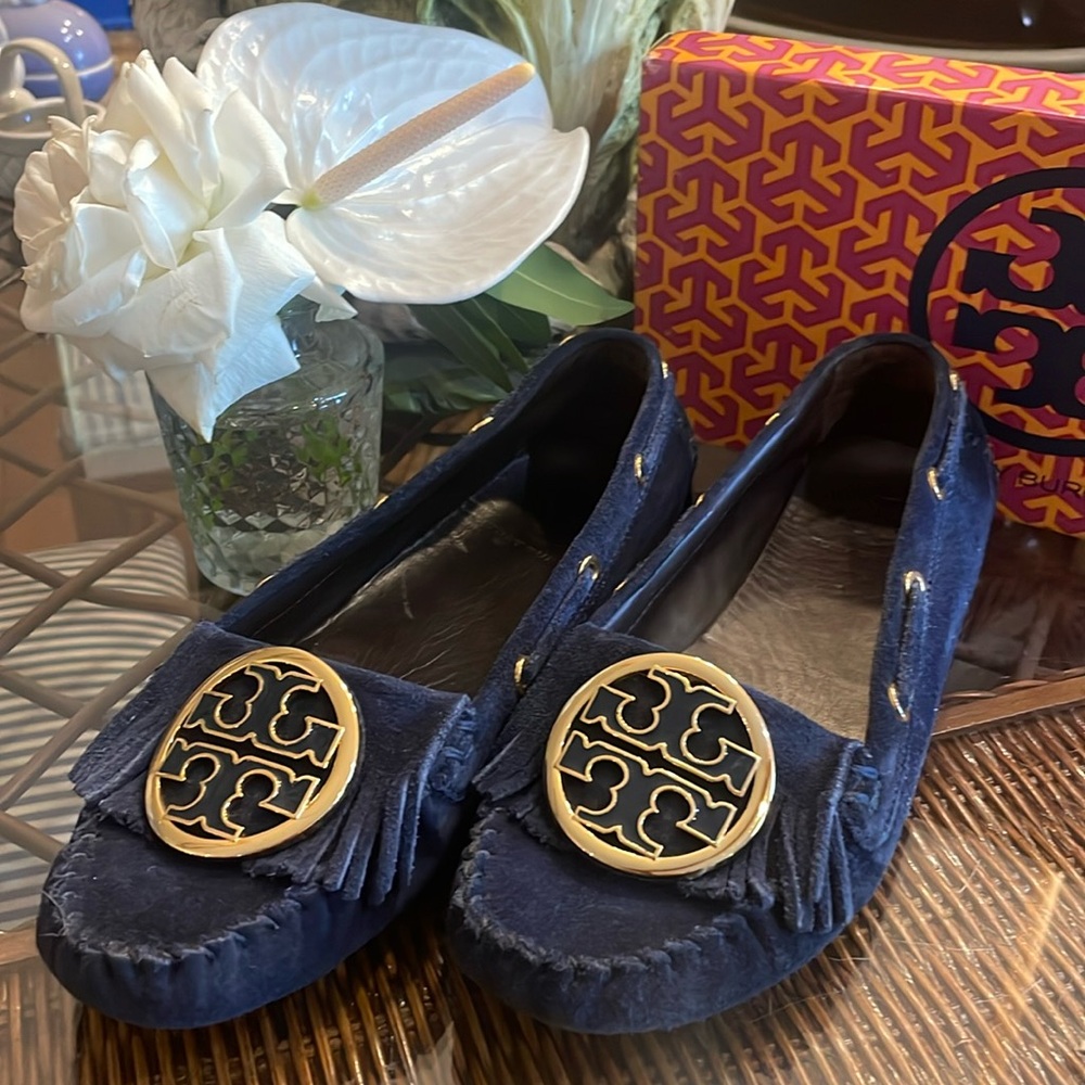 Tory Burch Navy Blue Suede Tassel Loafers with Gold Logo Medallions